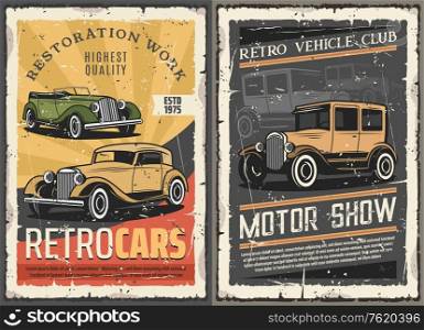 Vintage old cars show, rare vehicles motor club and retro auto restoration works grunge posters. Vector rarity automobile and collector transport diagnostic and mechanic repair garage station. Retro cars restoration garage, vintage motor show