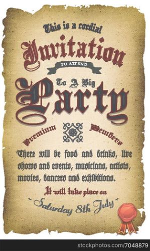 Vintage Old Medieval Invitation Poster. Illustration of a retro and grunge medieval like invitation poster, for party or commercial events with antique fonts and design