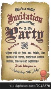 Vintage Old Medieval Invitation Poster. Illustration of a retro and grunge medieval like invitation poster, for party or commercial events with antique fonts and design