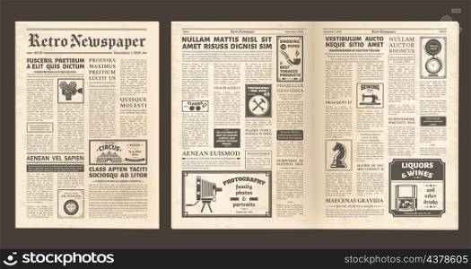 Vintage old newspaper full page, retro spread pages. Retro newsprint page, editorial news and ad posters newspaper layout vector illustration set. Old newspaper pages. Periodical publication. Vintage old newspaper full page, retro spread pages. Retro newsprint page, editorial news and ad posters newspaper layout vector illustration set. Old newspaper pages