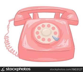 Vintage old school telephone, isolated phone with cords and wires. Communication and conversation in distance, 1960s design, 60s years pink device for calling and talking. Vector in flat style. Old school telephone with rotary system vector