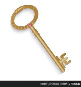 Vintage, old, shiny key made of gold. Beautiful exclusive key with jewelry. Vector illustration. Stock Photo.