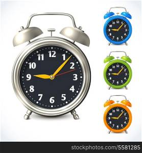 Vintage old style color and metal alarm clock watch set isolated vector illustration