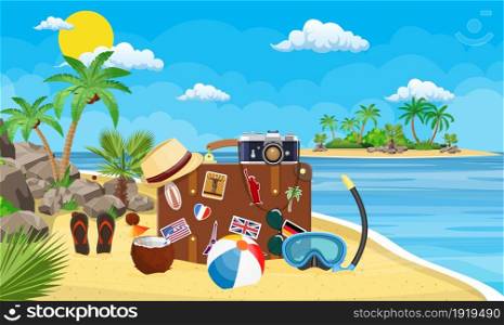 Vintage old travel suitcase on beach. Leather retro bag with stickers. Hat, photo camera, eyeglasses, island palm coconut. Sand beach, sea, cloud, sun. Vacation travel. Vector illustration flat style. Vintage old travel suitcase on beach.