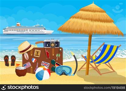 Vintage old travel suitcase on Paradise beach of the sea with cruise ship. Leather retro bag with stickers. wooden chaise lounge, umbrella. Vacation travel. Vector illustration flat style. Vintage old travel suitcase on beach.