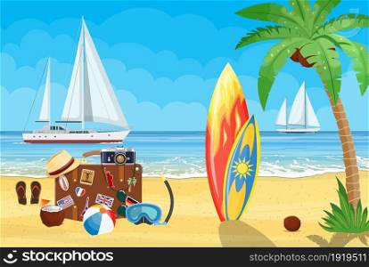 Vintage old travel suitcase on Paradise beach of the sea with yachts and colored surfboard. Leather retro bag with stickers. Vacation travel. Vector illustration flat style. Vintage old travel suitcase on beach.