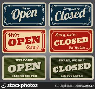 Vintage open and closed vector shop signs. Open shop and closed store retro banner for door illustration. Vintage open and closed vector shop signs
