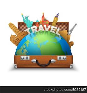 Vintage open tourist suitcase with globe and world landmarks inside vector illustration. Tourist Suitcase Illustration