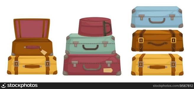 Vintage or retro pieces of luggage and suitcases with handles and pockets. Traveling and trips, long distance journeys and transportation. Bag with locks for personal belongings. Vector in flat style. Old vintage luggage and suitcases with handles