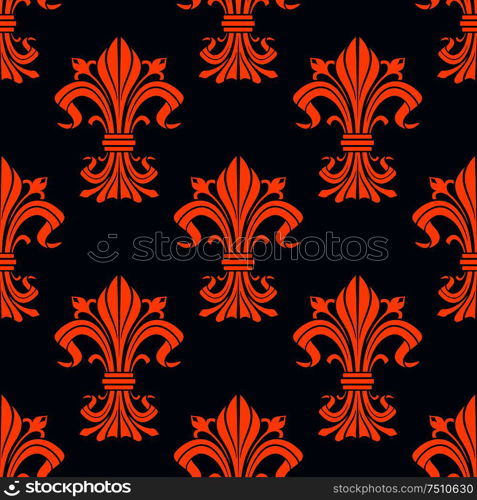 Vintage orange fleur-de-lis seamless floral pattern with stylized compositions of lily flowers and curly leaves on blue background. For interior or textile design. Orange and blue fleur-de-lis seamless pattern