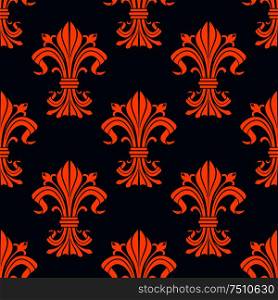 Vintage orange fleur-de-lis seamless floral pattern with stylized compositions of lily flowers and curly leaves on blue background. For interior or textile design. Orange and blue fleur-de-lis seamless pattern