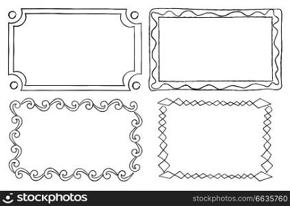 Vintage ornamental frames in linear graphic style isolated on white background. Collection of frames with round swirls, rectangular frames with triangle elements vector illustration in flat design. Vintage Ornamental Frames in Linear Graphic Style