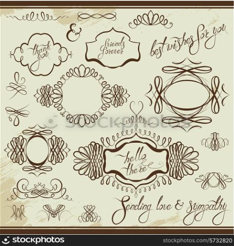 Vintage ornaments and frames, vignettes, calligraphic design elements for cards and invitation, page decoration, calligraphic text.