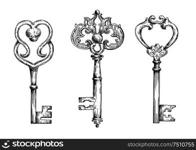 Vintage ornate filigree keys or skeletons, decorated by metal scroll-work and swirls. Sketch illustrations. Sketches of vintage keys or skeletons