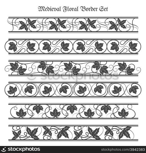 Vintage ornate floral border set. Leaves and swirls pattern in baroque style. Isolated on white.