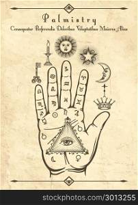 Vintage palmistry symbols on hand. Vintage palmistry. Esoteric occult symbols on hand, palm of prophecy retro vector illustration