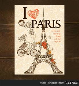 Vintage paris poster with Eiffel tower and girl riding a bicycle sketch vector illustration. Vintage Paris Poster