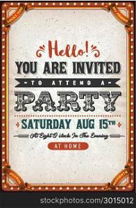 Vintage Party Invitation Card. Illustration of a birthday party invitation vintage card, with textured background and circus like elements