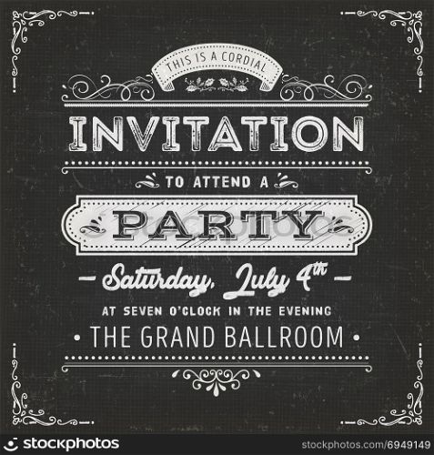 Vintage Party Invitation Card On Chalkboard. Illustration of a vintage fabric textured poster with invitation message to a party, with floral patterns and hand-drawned corners on chalkboard background