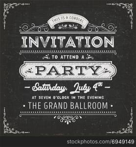 Vintage Party Invitation Card On Chalkboard. Illustration of a vintage fabric textured poster with invitation message to a party, with floral patterns and hand-drawned corners on chalkboard background