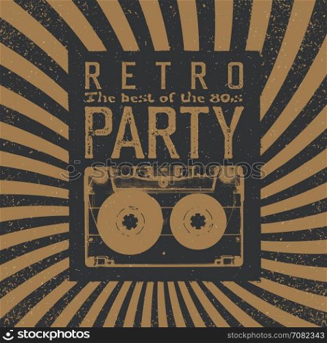 Vintage Party Leaflet Template. Radial rays background, black and beige colors. Audiocassette retro symbol