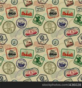 Vintage passport travel stamps vector seamless pattern. Colored stamp to passport pattern illustration. Vintage passport travel stamps vector seamless pattern
