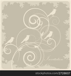 vintage pastel card with decorative leaves and birds