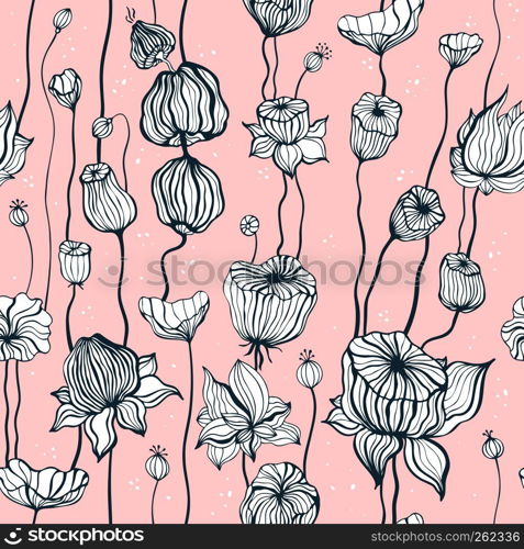 Vintage pattern with hand drawn Abstract Flowers. Seamless ornament. Can be used for wallpaper, website background, textile, phone case print. Vintage Seamless pattern with hand drawn Abstract Flowers