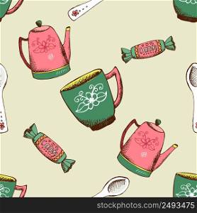 Vintage pattern with kettle, cup and candy. Background with coffee ir tea drink, food, vector illustration. Vintage pattern with kettle, cup and candy