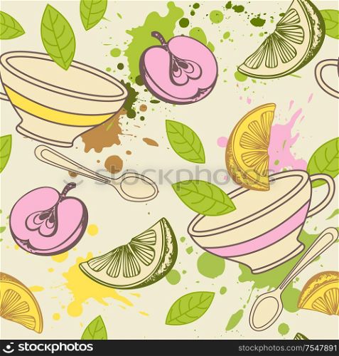 Vintage pattern with tea cup, green leaves and fruits. Hand drawn vector background