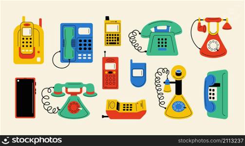 vintage phones. Abstract cartoon telephone with spiral cords in retro style, old devices with number pad dials and headphones. Vector set isolated historical antique telephonic devices. vintage phones. Abstract cartoon telephone with spiral cords in retro style, old devices with number pad dials and headphones. Vector set