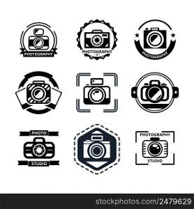 Vintage photography badges or logos set. Camera and photo, lens and studio, media and shutter, vector illustration. Vintage photography badges or logos