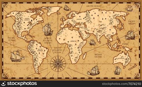 Vintage physical world map with rivers and mountains vector illustration. Retro vintage old world map with antique travel ship. Vintage physical world map with rivers and mountains vector illustration