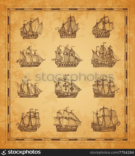 Vintage pirate sail ships and sailboats. Old vessel frigate, brigantine and caravel sketch. Ancient map hand drawn element, nautical travel, geographical discoveries era engraved vector battleship. Vintage pirate sail ships and sailboats sketches