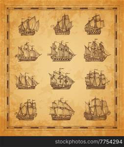 Vintage pirate sail ships and sailboats. Old vessel frigate, brigantine and caravel sketch. Ancient map hand drawn element, nautical travel, geographical discoveries era engraved vector battleship. Vintage pirate sail ships and sailboats sketches