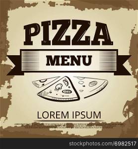 Vintage pizza poster design with hand drawn elements. Vector illustration. Vintage pizza poster design with hand drawn elements