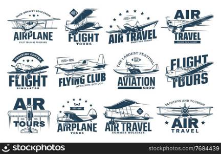 Vintage plane isolated vector icons of air travel, retro aircraft and passenger airline design. Airplane, biplane, monoplane and seaplane symbols with propellers, pilot control wheels and stars. Vintage plane isolated icons, air travel, aircraft