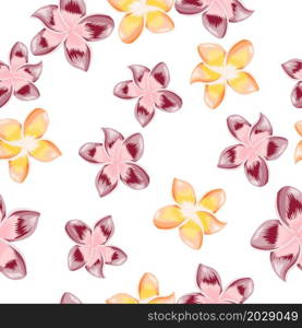 VIntage plumeria flower seamless pattern isolated on white background. Exotic tropical wallpaper. Abstract botanical backdrop. Design for fabric , textile print, wrapping, cover. Vector illustration.. VIntage plumeria flower seamless pattern isolated on white background.