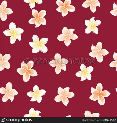 VIntage plumeria flower seamless pattern on red background. Exotic tropical wallpaper. Abstract botanical backdrop. Design for fabric , textile print, wrapping, cover. Vector illustration.. VIntage plumeria flower seamless pattern on red background.