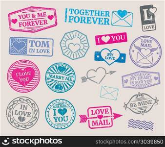 Vintage postage stamps vector set. Romantic date, love, valentines day collection. Vintage postage stamps vector set. Romantic date, love, valentines day. Collection of seal with text marry me and i love you illustration