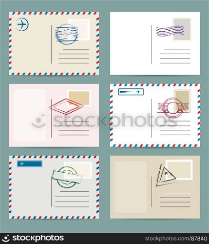 Vintage postcard template set. Vintage postcard template set. Vector airmail greeting cards with postmarks and postage stamps