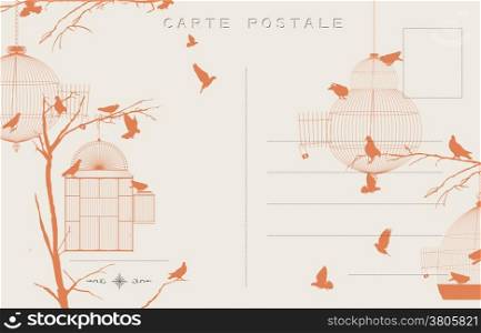 Vintage postcard with birds and bird cages