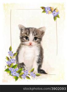 Vintage postcard with kitten. Imitation of watercolor painting.