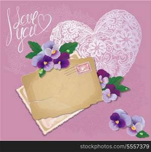 Vintage postcards, beautiful pansy flowers, lace heart and calligraphic text I love you - Background for Valentines Day design.