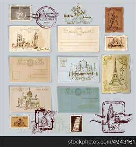 Vintage Postcards Set. Vintage travel postcards and post stamps template set vector illustration