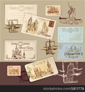 Vintage postcards template set with hand drawn landmarks and stamps vector illustration. Vintage Postcards Template