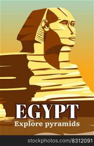 Vintage Poster Ancient Sphinx, Egypt Pharaoh Pyramids. Travel to Egypt Country, Sahara desert. Retro card illustration vector isolated. Vintage Poster Ancient Sphinx, Egypt Pharaoh Pyramids. Travel to Egypt Country, Sahara desert. Retro card illustration vector
