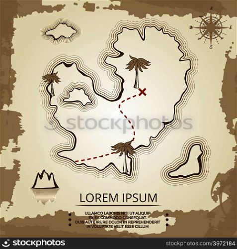 Vintage poster design with map of island. Paper art map island. Vector illustration. Vintage poster design with map of island