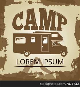 Vintage poster or label with camping bus. Banner with camp bus. Vector illustration. Vintage poster or label with camping bus