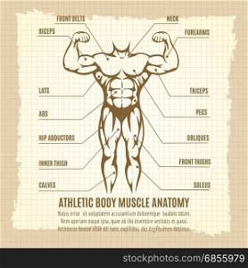 Vintage poster with athletic body infographics. Vintage poster with male athletic body infographics. Vector illustration